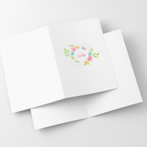 Rozłożona kartka z napisem „W Dniu Mamy” ozdobiona pastelowymi kwiatami – mockup PDF do druku