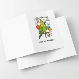 Mockup Kartki Urodzinowej Z Papuga W Czapce I Balonami