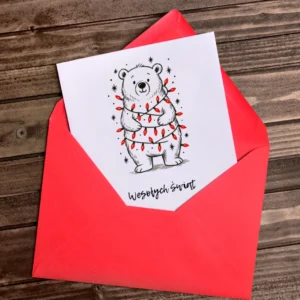 Kartka Swiateczna Mis Polarny Lampki Boze Narodzenie