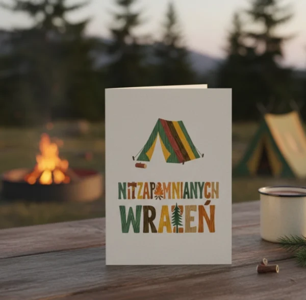 Cyfrowa kartka urodzinowa w stylu outdoor z ilustracją namiotu i napisem „Niezapomnianych wrażeń” na tle leśnego biwaku.