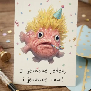 Śmieszna kartka urodzinowa z rybą blobfish w żółtej peruce i czapeczce imprezowej, z napisem „I jeszcze jeden, i jeszcze raz!”.
