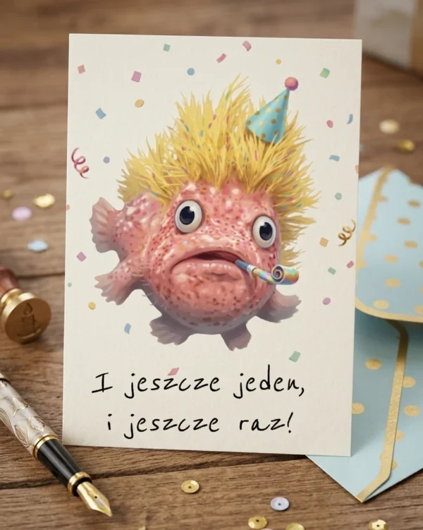 Śmieszna kartka urodzinowa z rybą blobfish w żółtej peruce i czapeczce imprezowej, z napisem „I jeszcze jeden, i jeszcze raz!”.