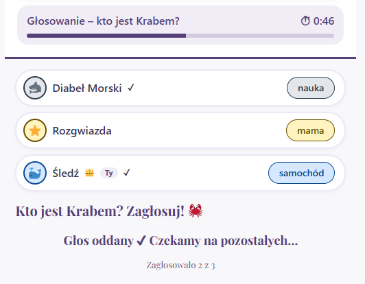 Sprytny Krab – ekran z rolą gracza i hasłem lub podpowiedzią