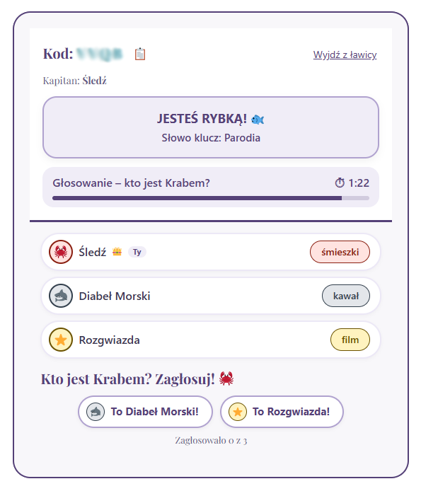 Sprytny Krab – lista graczy z kolorowymi skojarzeniami w trakcie rundy