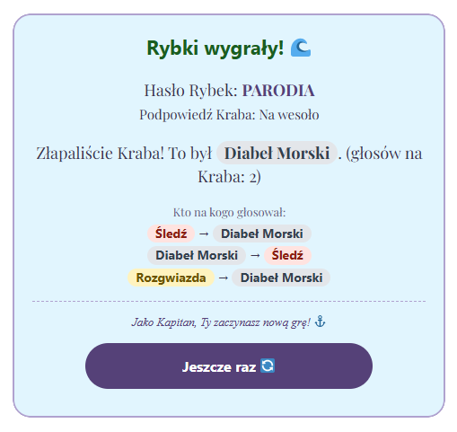 Sprytny Krab – głosowanie i ekran wyników po zakończonej rundzie